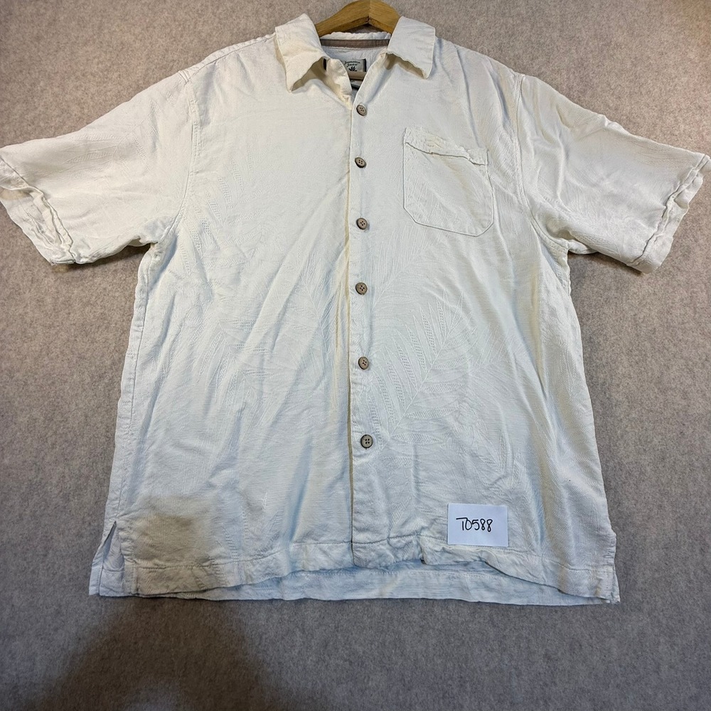 Jamaica Jaxx Mens White Jacquard Tropical Leaf Button Down Shirt Short Sleeve XL